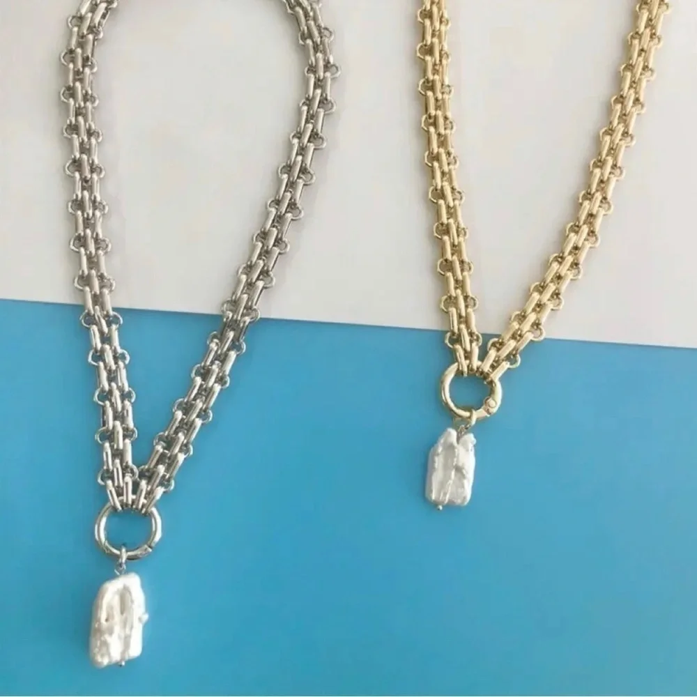 18K White Gold Plated Chunky Choker with Baroque Natural Freshwater Pearl on - Picture 4 of 5